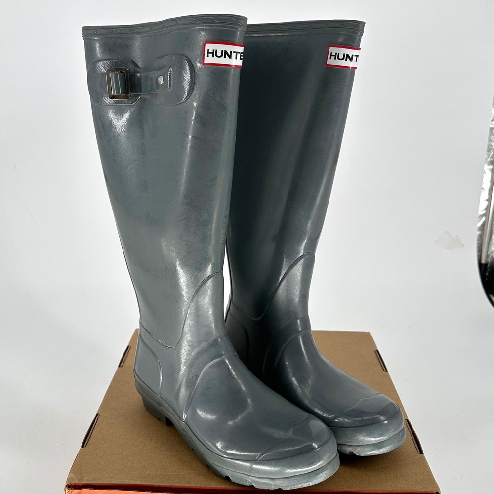 Hunter Tall Glossy Gray Side Buckles Rain Boots Waterproof Women's 37 USA 6